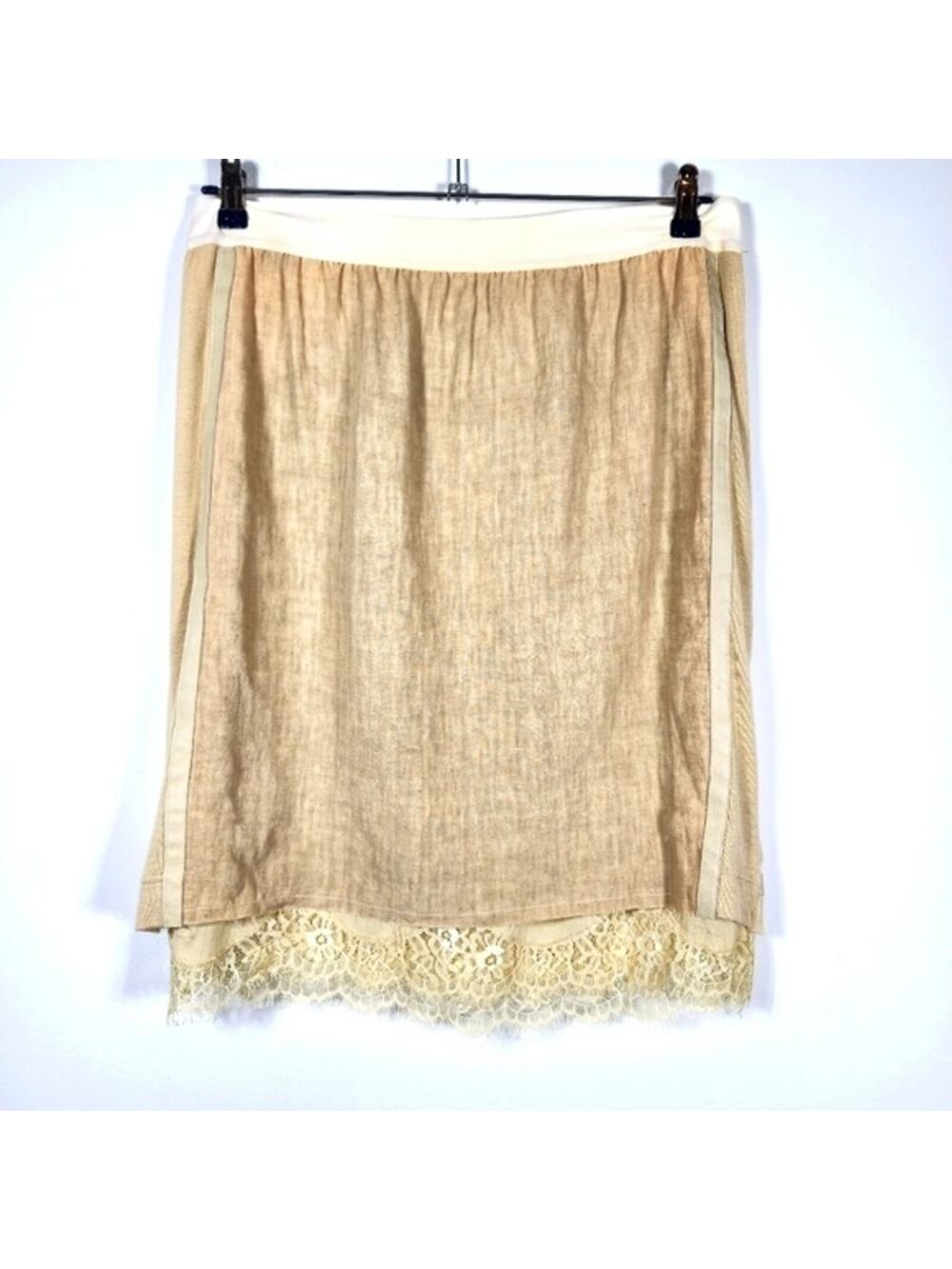 Illia Cream Linen Leather N Lace Knee Length Skirt